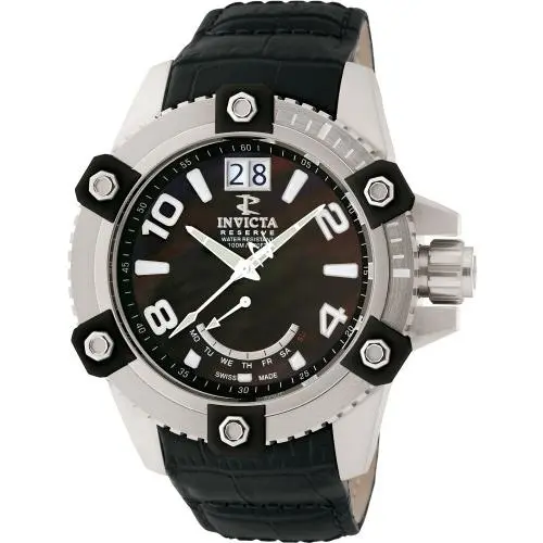 Invicta Arsenal Black Mother Of Pearl Dial Leather Band Quartz Men`s Watch