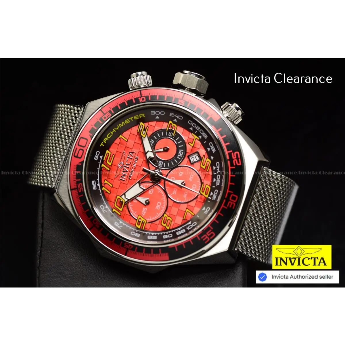 Invicta Mens Racing 50mm Chronograph Tachymeter Red Dial Mesh Bracelet SS Watch
