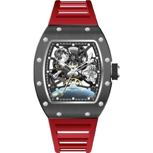 Invicta Men`s 44mm S1 Rally Automatic Earth Moon Skeleton Dial Red/black Watch - Dial: Black, Band: Red, Bezel: Black