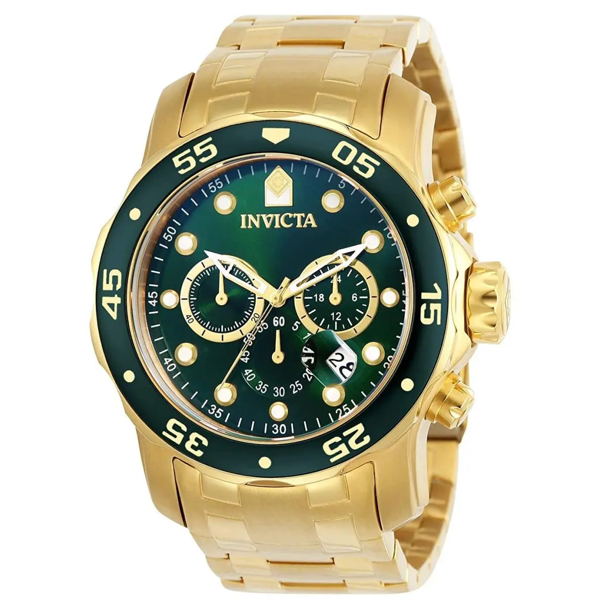 Invicta Analog Green Dial Gold Color Stainless Steel Men`s Wrist Watch 75