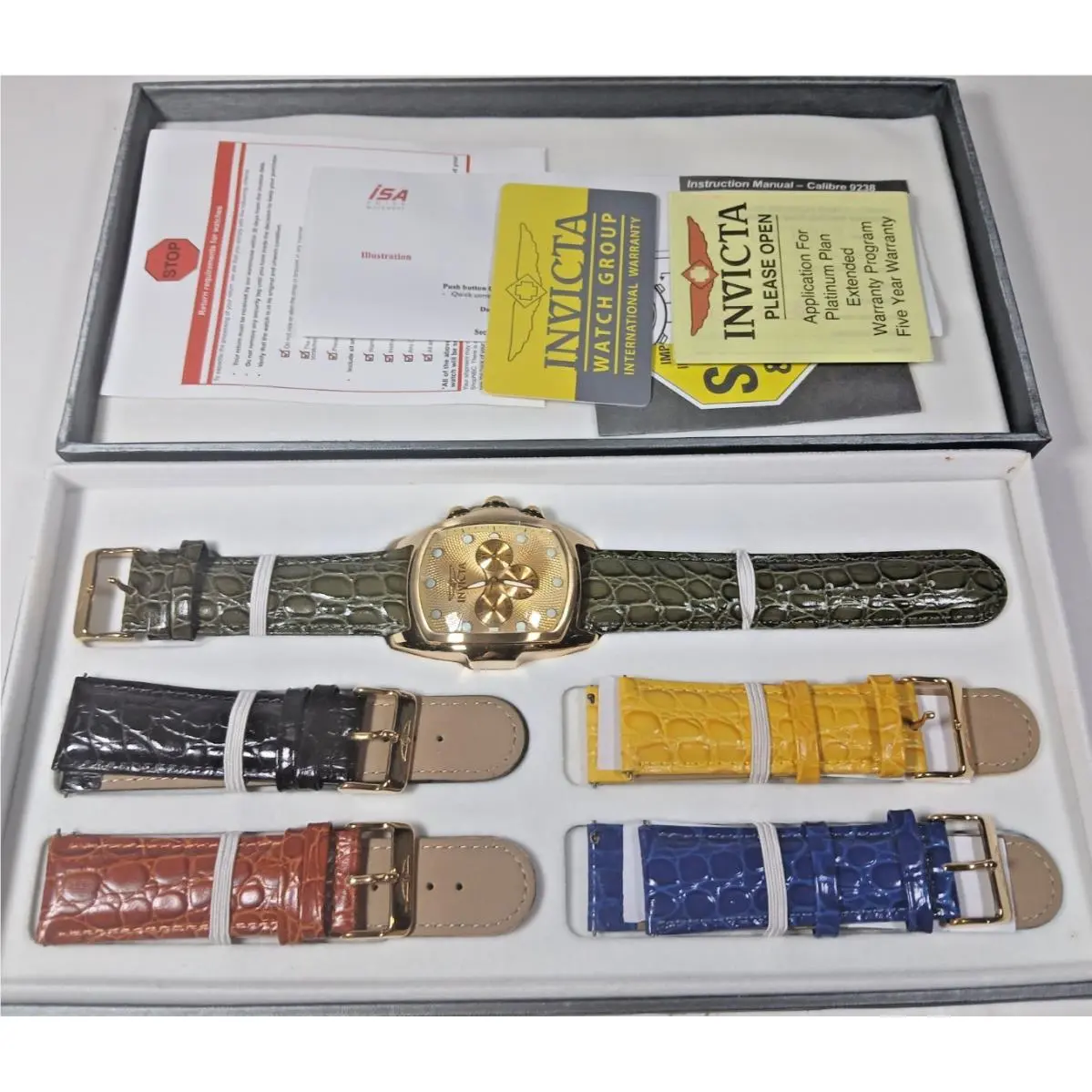 Invicta Gold Tone Lupah Ltd Ed. Mod 0068 Watch 5 Leather Bands w Papers