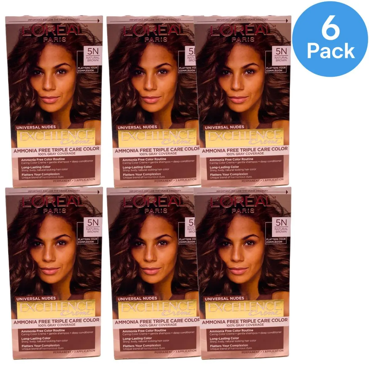 L`oreal Paris Excellence Creme Universal Nudes Hair Color 5N Natural Brown 6 Pac