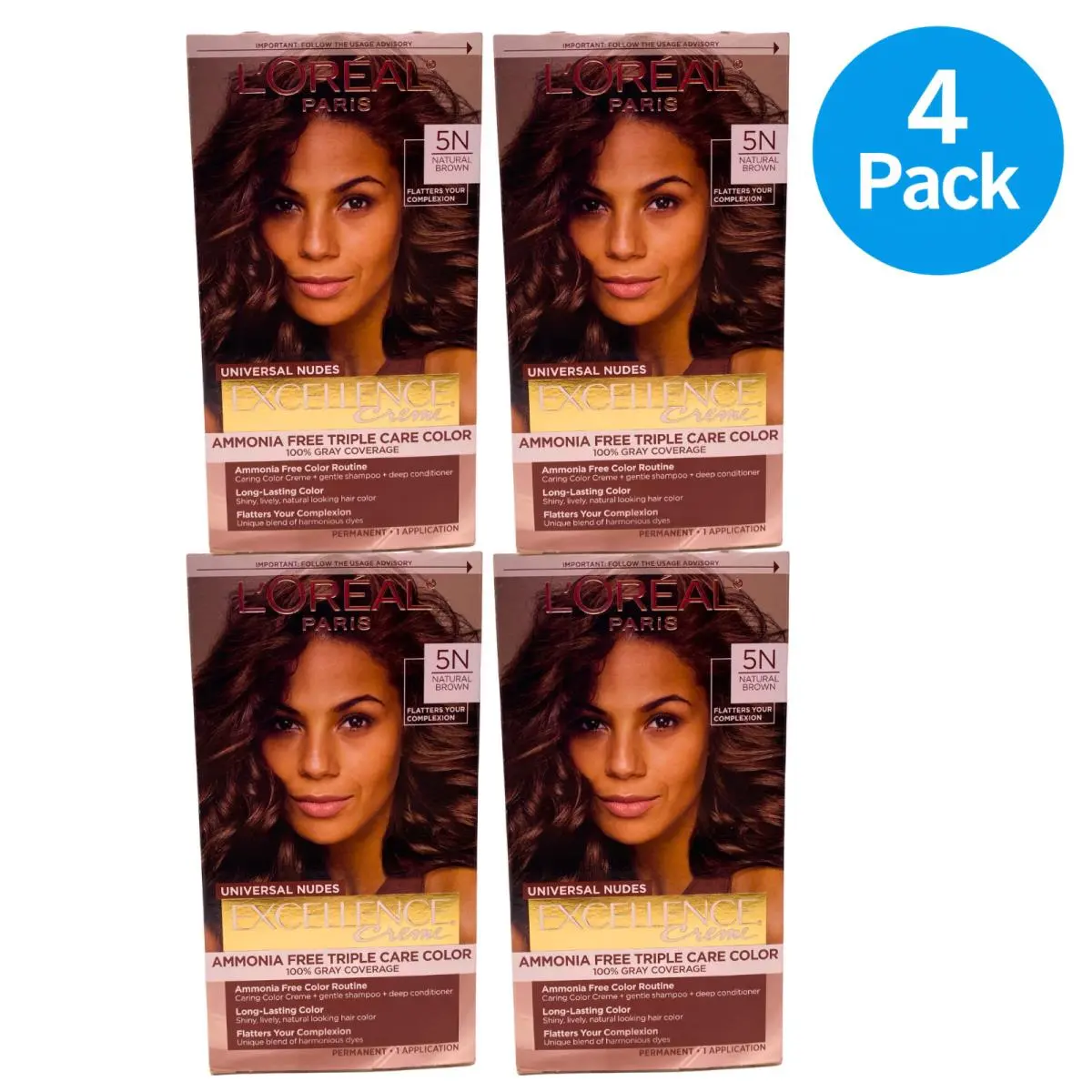 L`oreal Paris Excellence Creme Universal Nudes Hair Color 5N Natural Brown 4 Pac