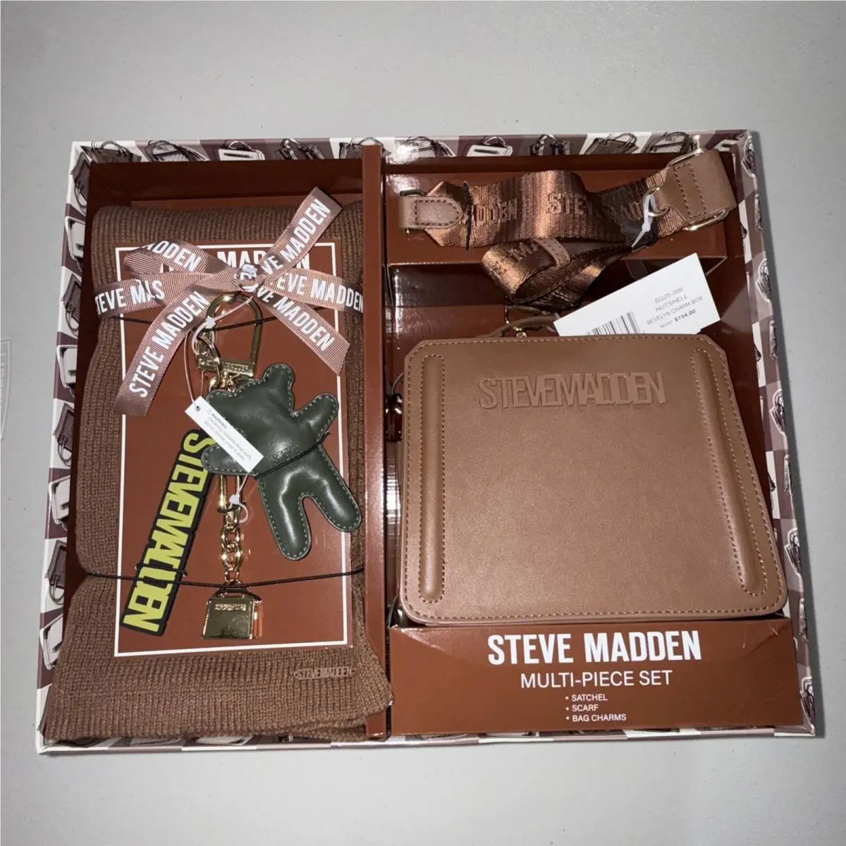 Steve Madden Bevelyn Bag Scarf Charm Box Gift Set Nutshell Brown