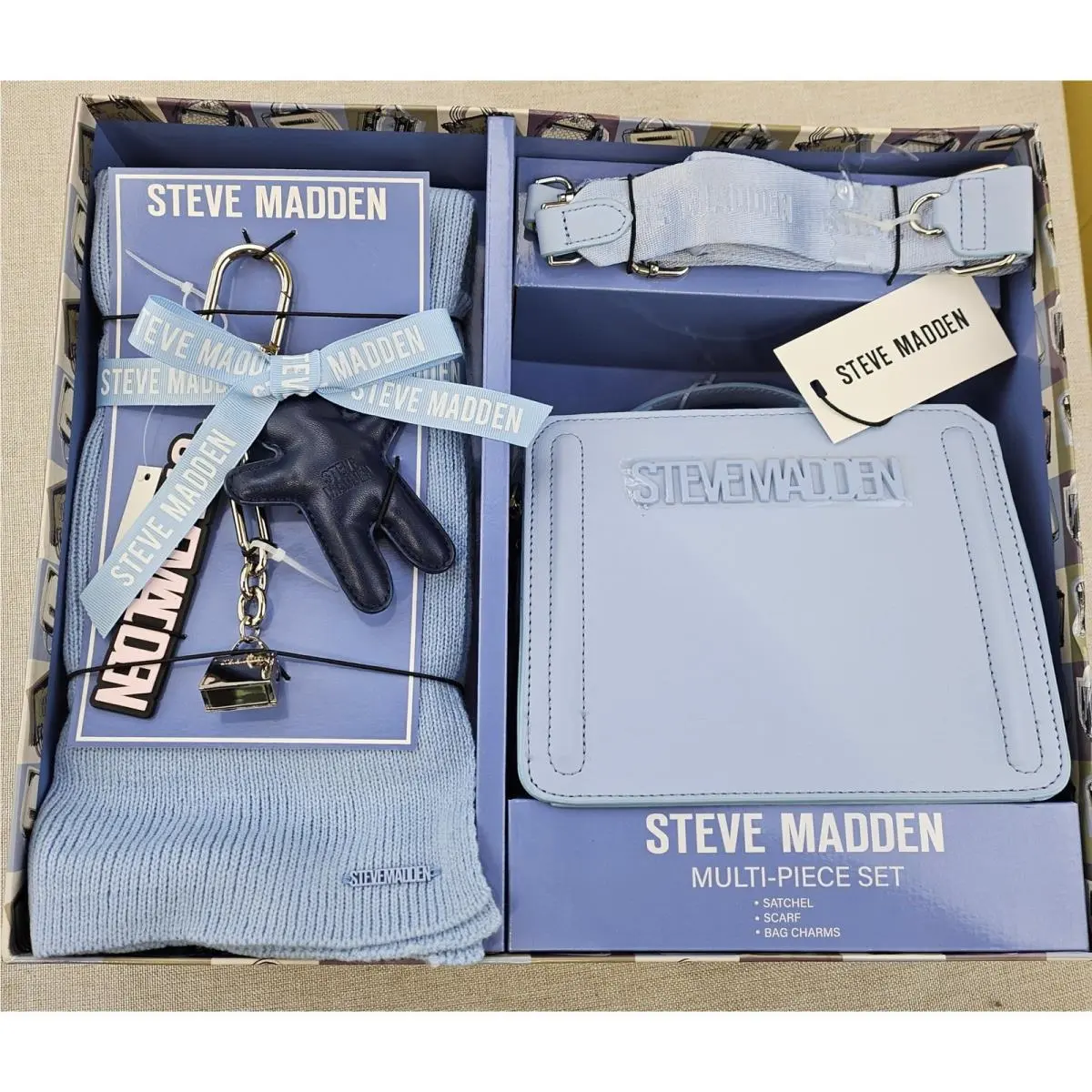 Steve Madden Beverlyn Box Multi-piece Satchel Scarf Bag Charms Box Light Blue