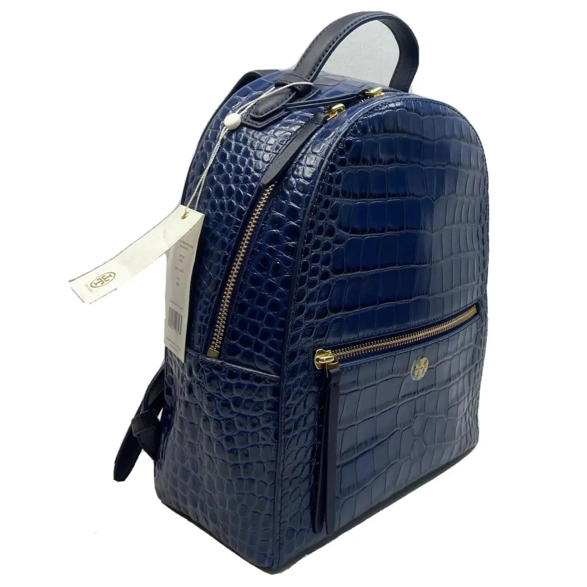 Tory Burch Croc Embossed Leather Backpack Navy Blue
