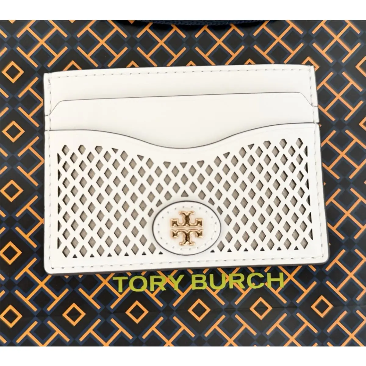 Tory Burch Emerson Perforated Color Block Slim Card Case Wallet 175870 White Gld