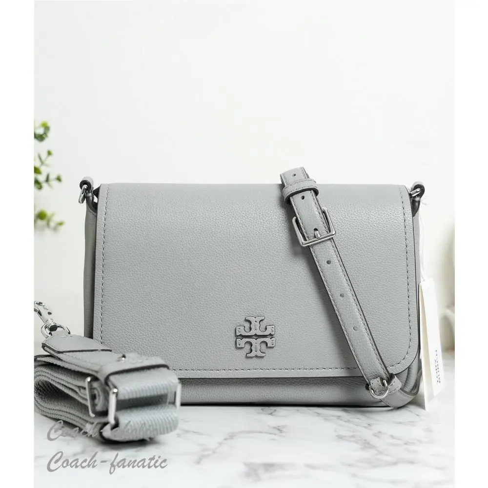 Tory Burch Thea Pebbled Leather Flap Crossbody Shoulder Bag in Misty Cloud