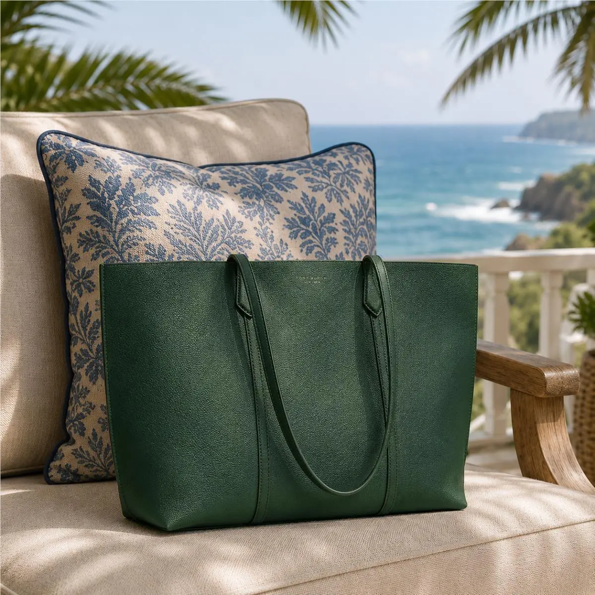 Perry Triple Compartment Dark Kale Green Leather Large Tote Bag by Tory Burch