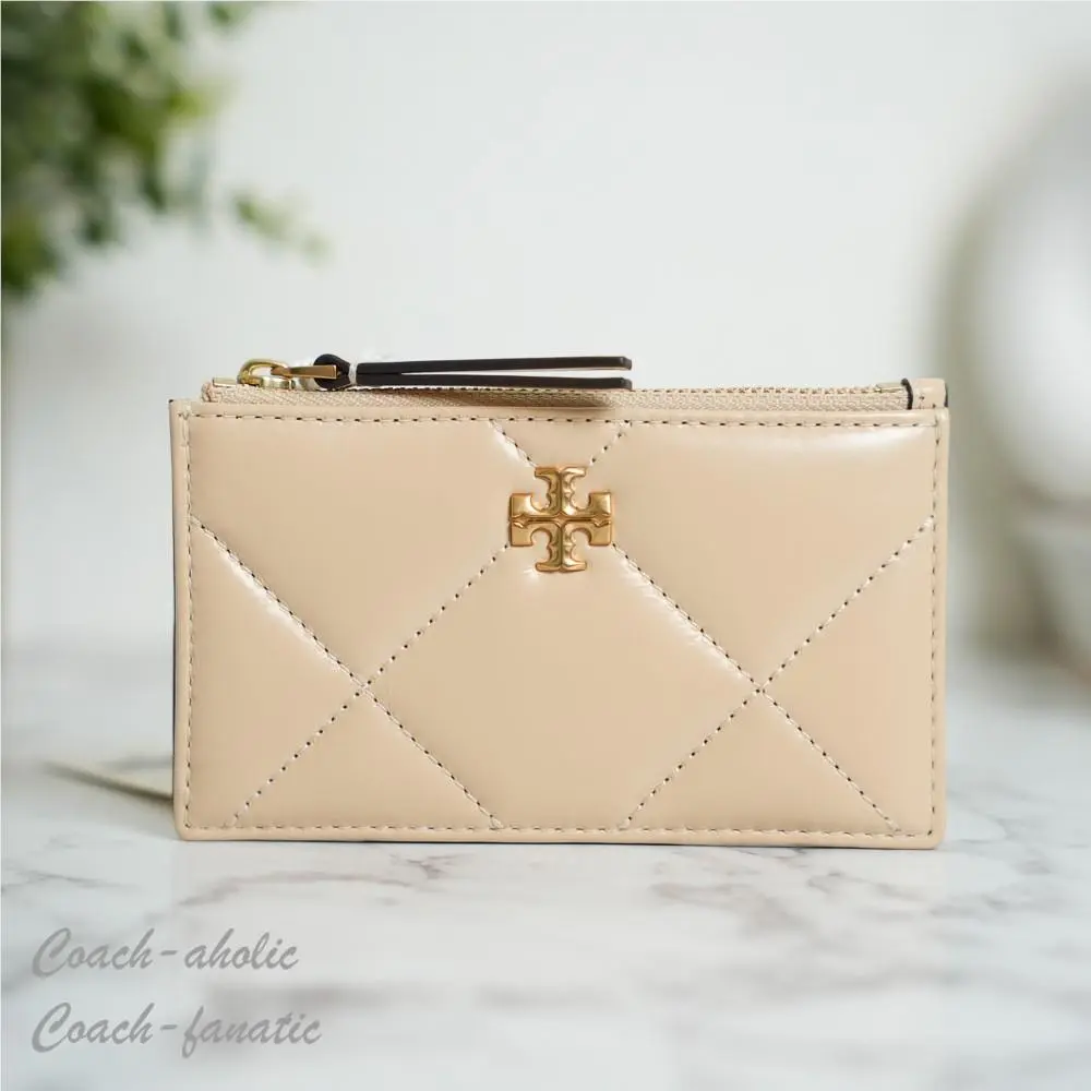 Tory Burch Kira Diamond Quilt Zip Card Case in Vanilla Soft Serve