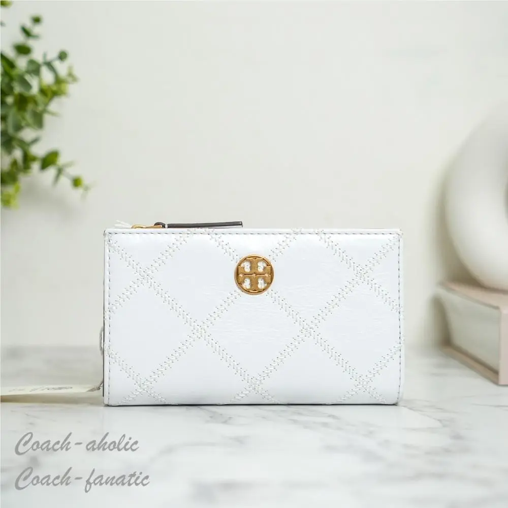 Tory Burch Willa Glazed Medium Wallet Shrunken Goat Leather in Blanc
