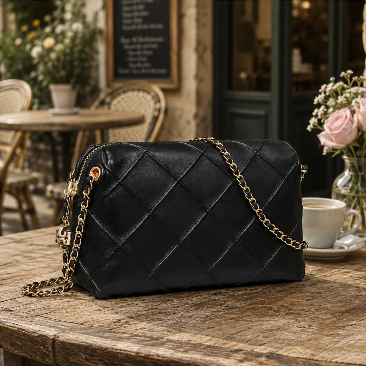 Tory Burch Fleming Soft Black Quilted Leather Small Crossbody Bag