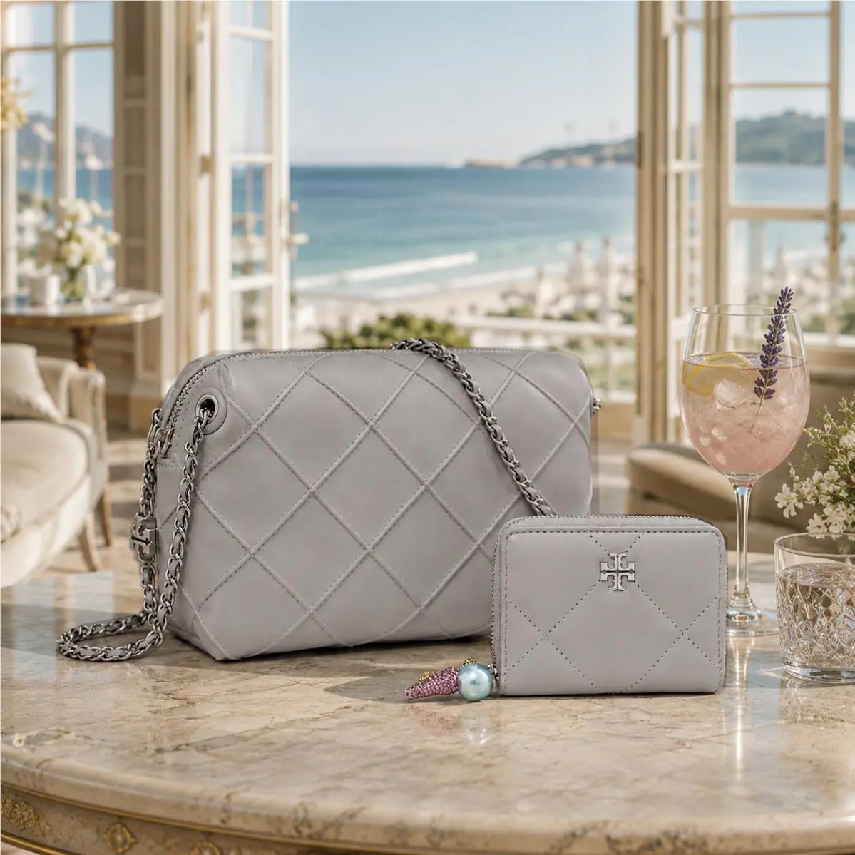 Tory Burch Fleming Gray Quilted Leather Small Crossbody Bag + Kira Charm Wallet
