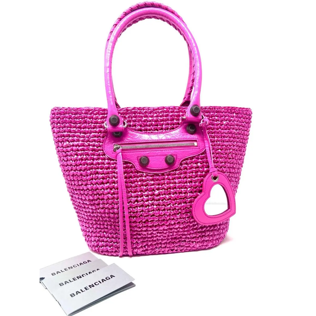 Balenciaga LE Cagole Medium Raffia Woven Leather Trim Summer Tote Basket Bag