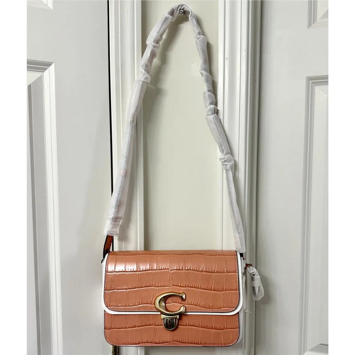 Coach Logo Closure Crocodile Embossed Leather Studio Shoulder Bag