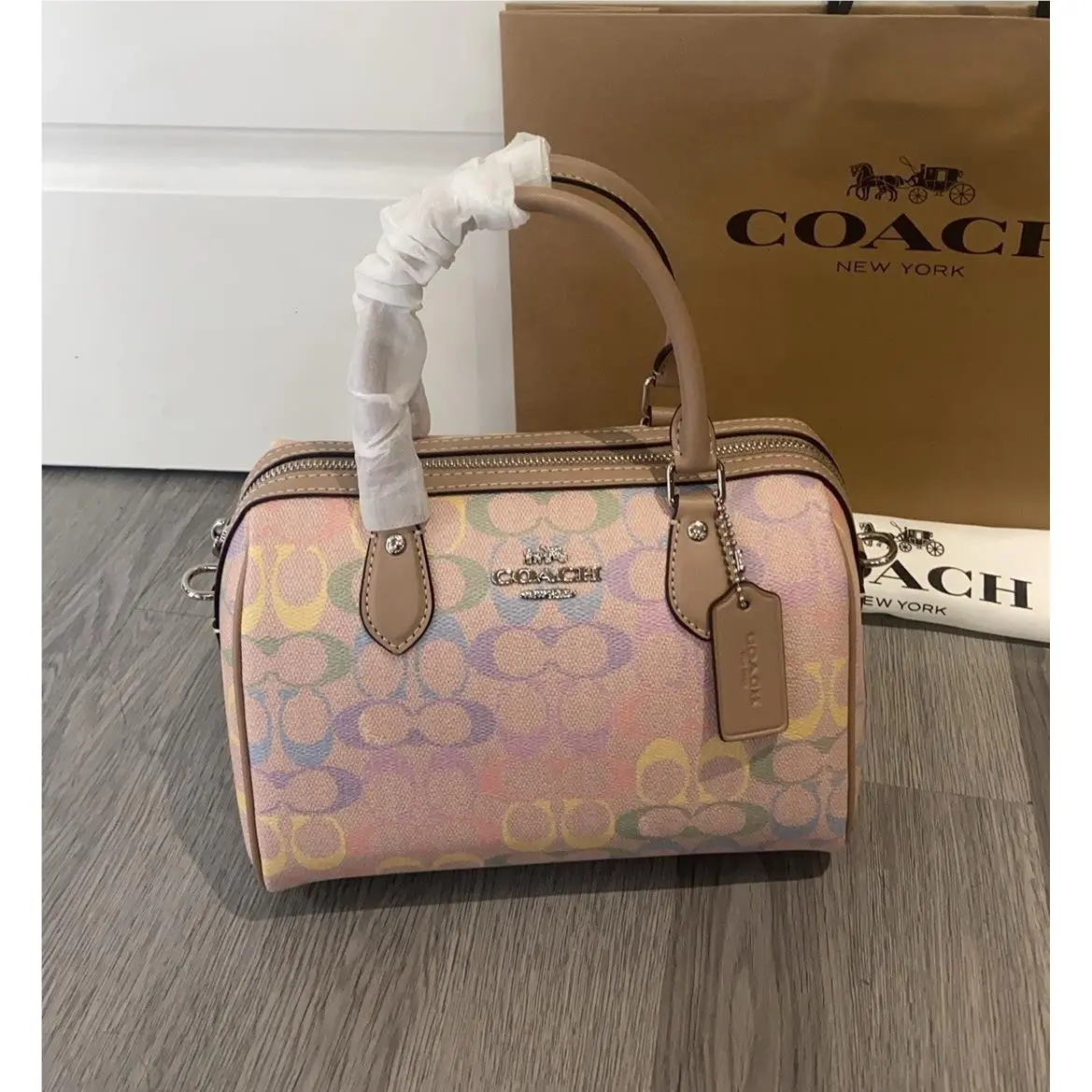 Coach Rowan Satchel Bag In Rainbow Signature Canvas CDA90 Sand Multi