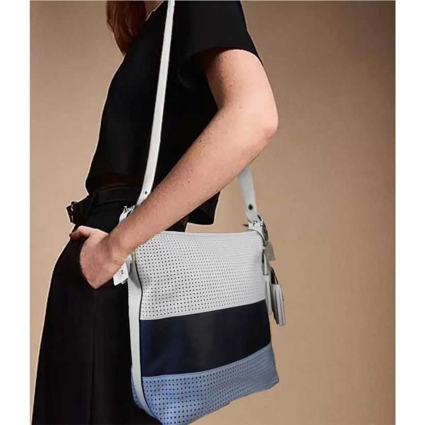 Coach Duffle Leather Stripe Perf Navy Blue Crossbody Shoulder Bag