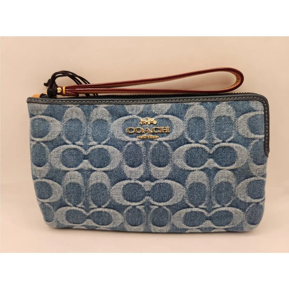 Coach Large Corner Zip Wristlet in Signature Denim Gold/indigo CDE82