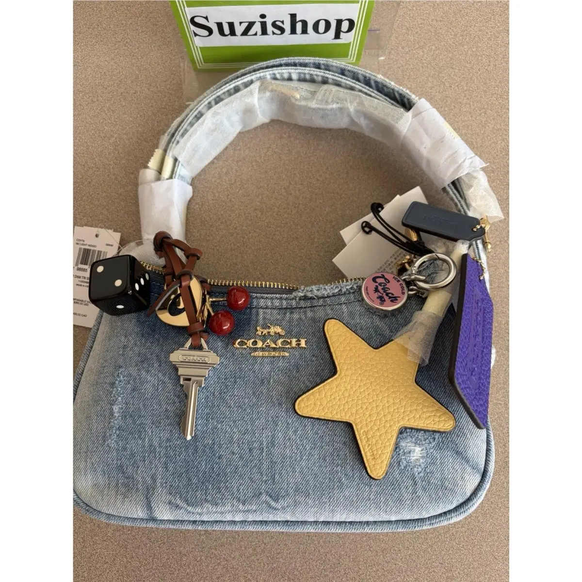 Coach Teri Shoulder Bag In Loved Denim with Charms Light Indigo CDY76