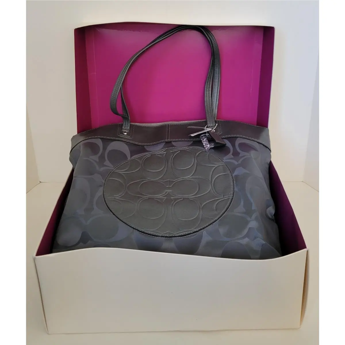 Coach Signature Purse E1220-F19440 Charcoal Gray Silver Large Tote Bag Tags