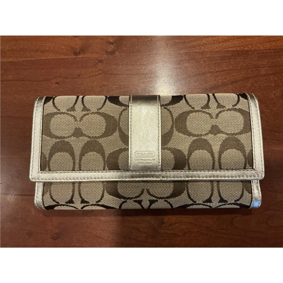 Coach Hampton Signature Checkbook Wallet Gold Leather Trim