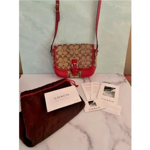 Vintage 2003 Coach Signature Logo Red Tan Leather Crossbody Purse Handbag W/all