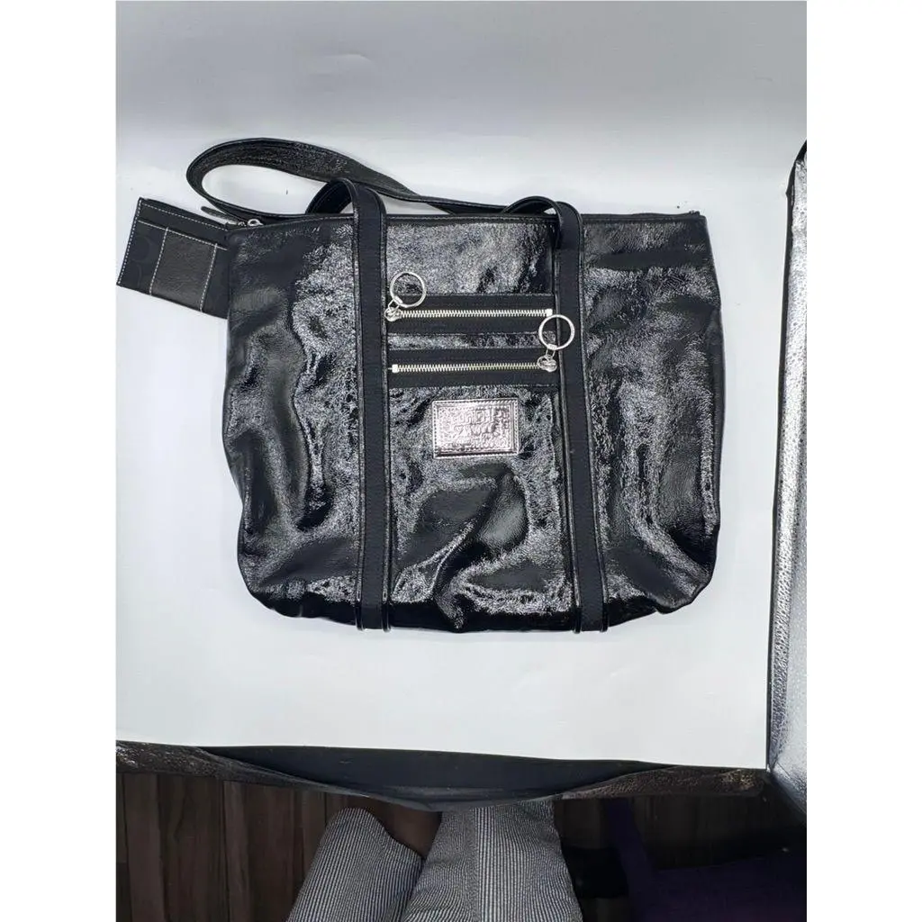 Tote Bag Womens Black Patent Leather Poppy Aqua Lining Zipper Pockets by Coach