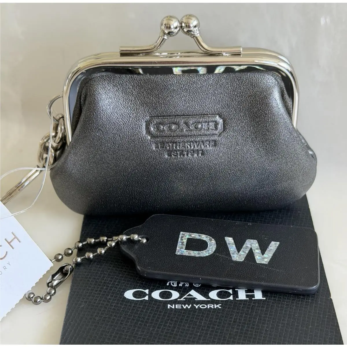 Coach Metallic Gunmetal Mini Kisslock Coin Pouch Charm Key Ring Fob FS7272