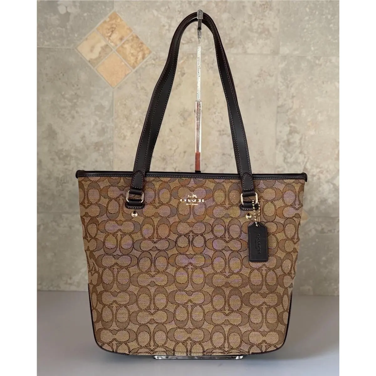 Medium Signature CC Shoulder Tote Jacquard Bag Khaki/brown by Coach