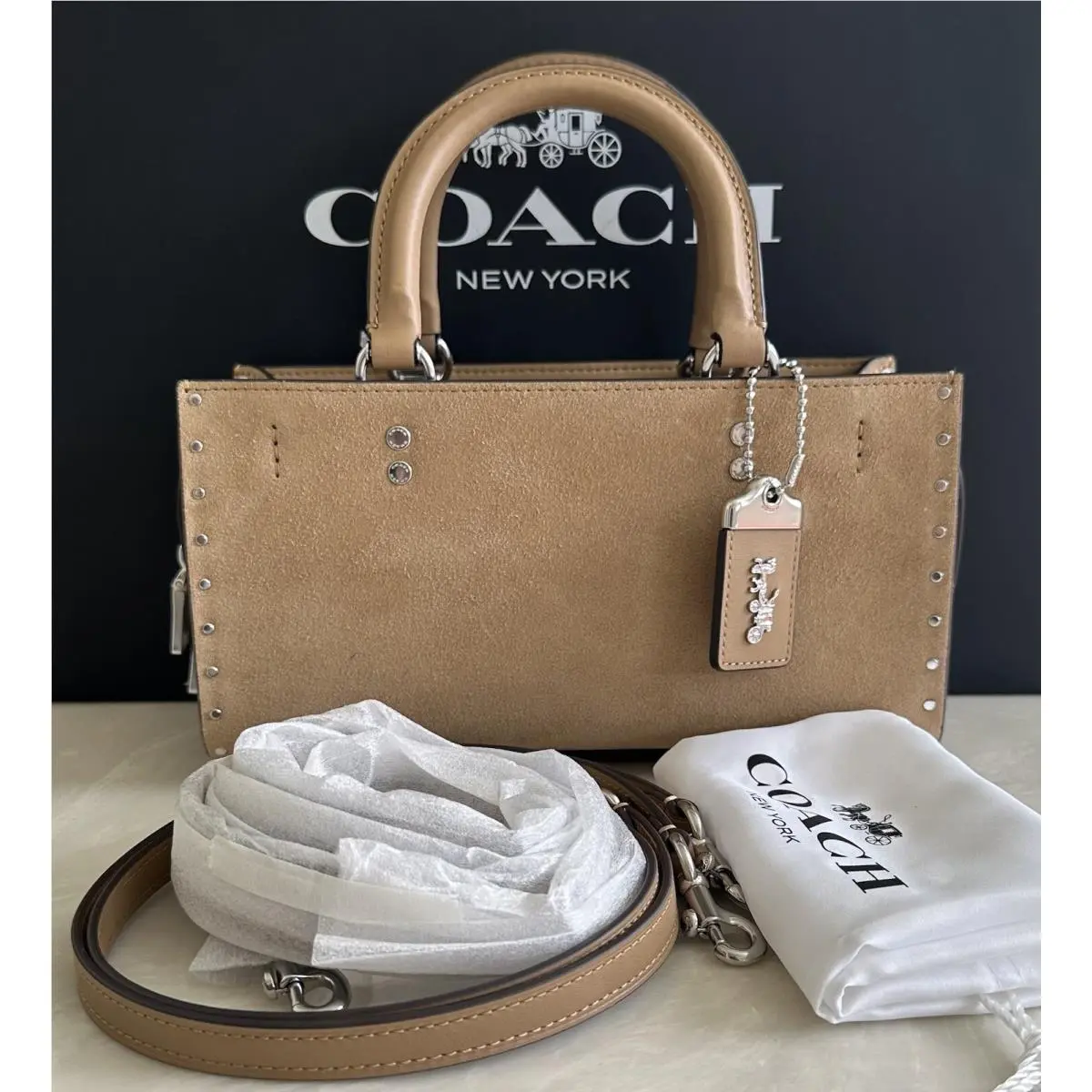 Coach Rogue 26 Peanut Tan Mixed Leathers with Rivets Top Handle Crossbody