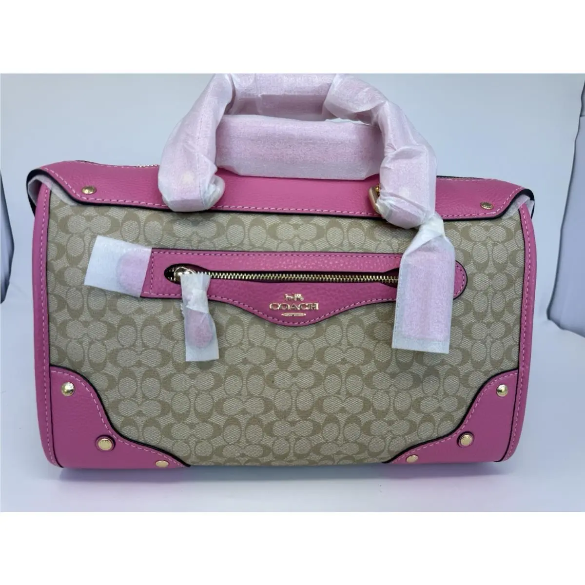 Coach Signature Satchel Bag Petunia Pink Khaki Signature
