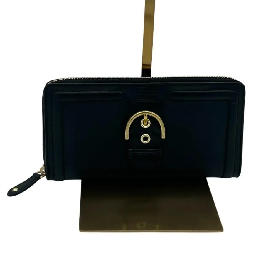 Coach Black Campbell Leather Zip Around Wallet Buckle Accent Designer Vintage