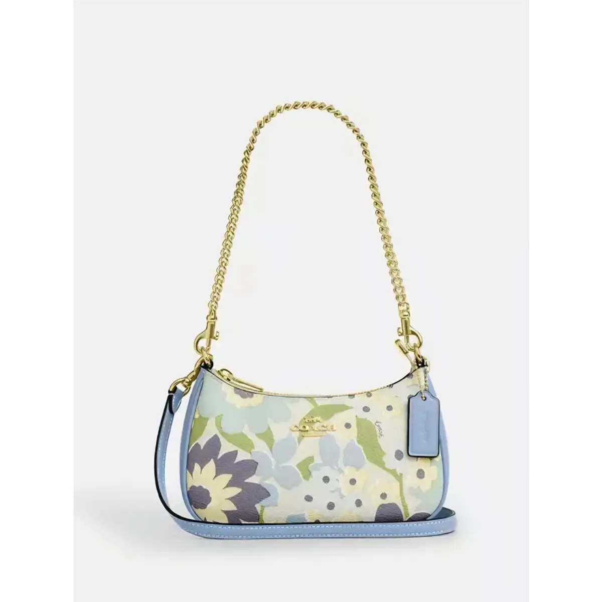 Coach Teri Mini Crossbody Bag with Floral Print Gold Blue Bell CBG63