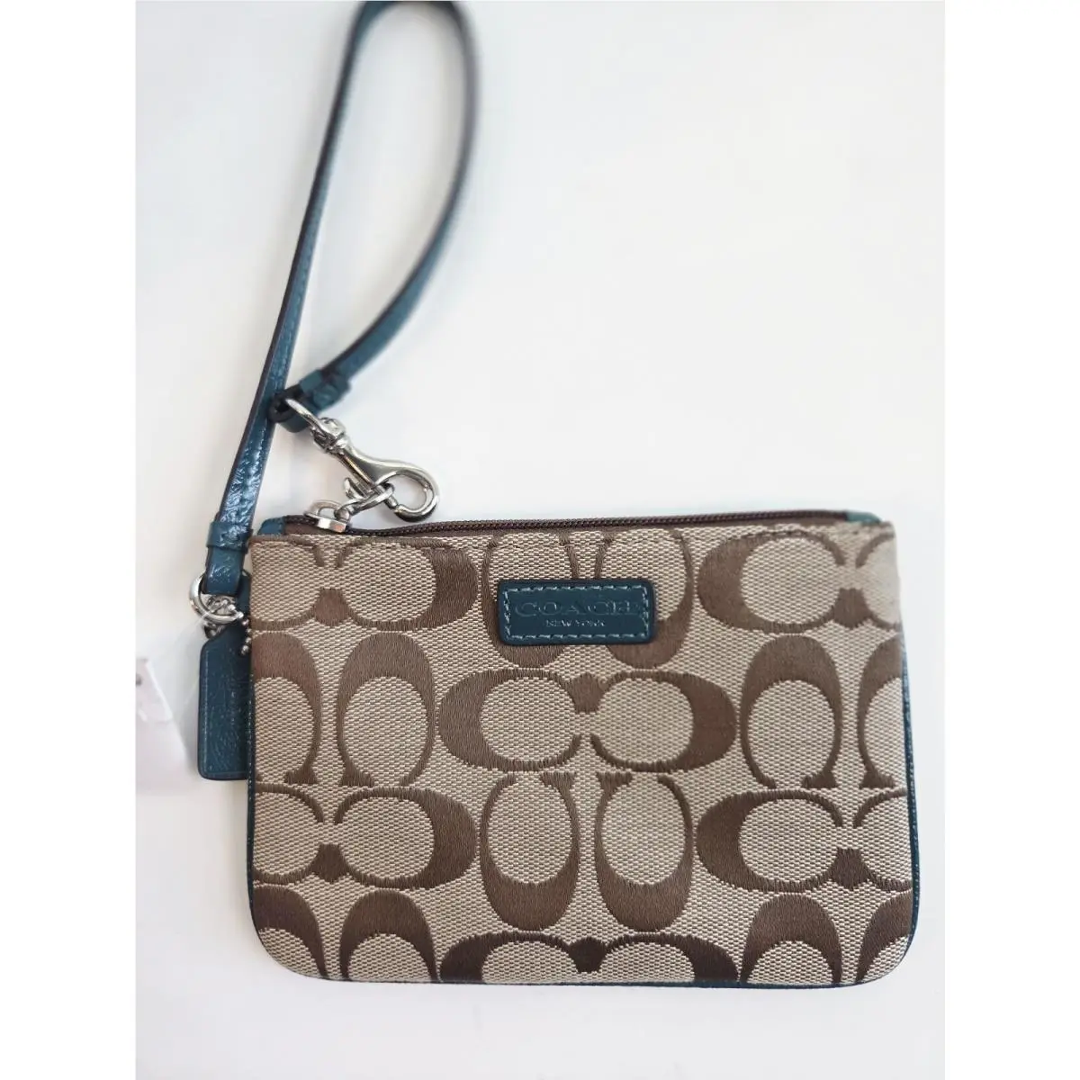 Coach F51775 Park Signature Jacquard Wallet Wristlet Clutch Khaki/lagoon