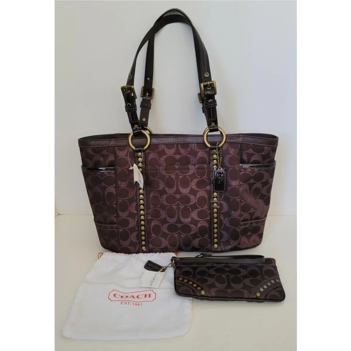 Signature Purse H0867-F12853 Dark Brown Studded Lurex Tote w/ Wristlet by Coach