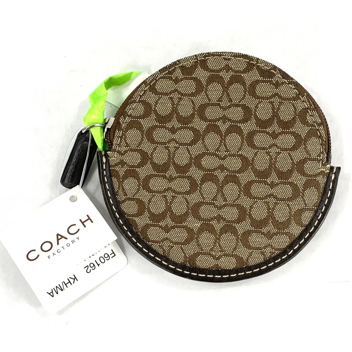 Coach Jacquard Coin Purse Round Khaki Mahogany Leather Zip F60162 Vintage W4