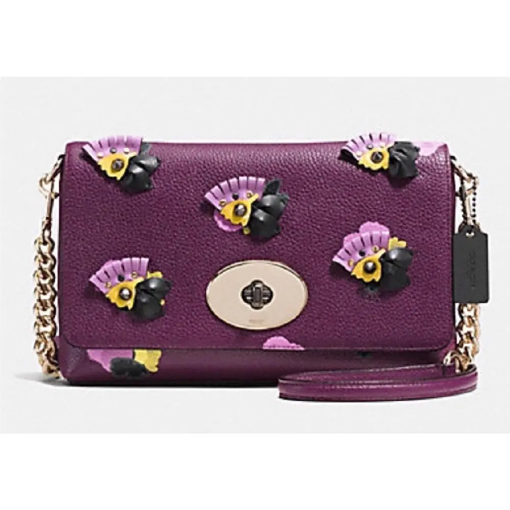 Coach F37163 Crosstown Crossbody IN Floral Applique Leather Li Plum Field Flora
