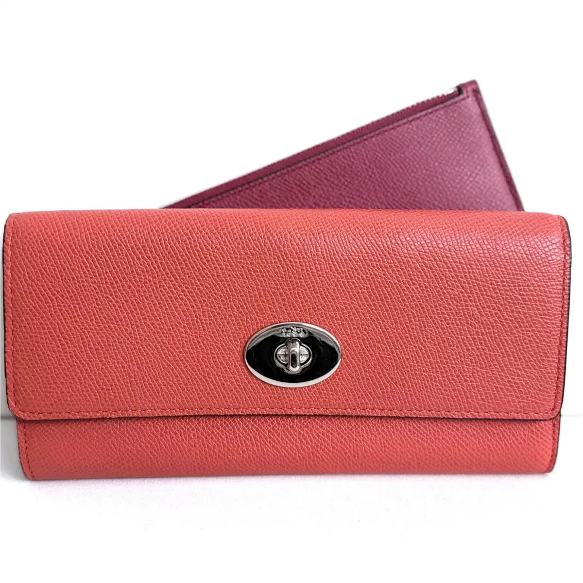 Coach Slim Envelope Wallet Pop-up Pouch Cross Grain Leather Coral 52345