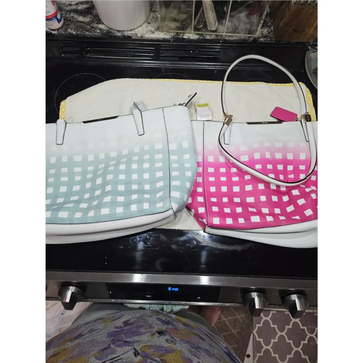 Madison Gingham Leather Tote Lot Pink White Green White by Coach