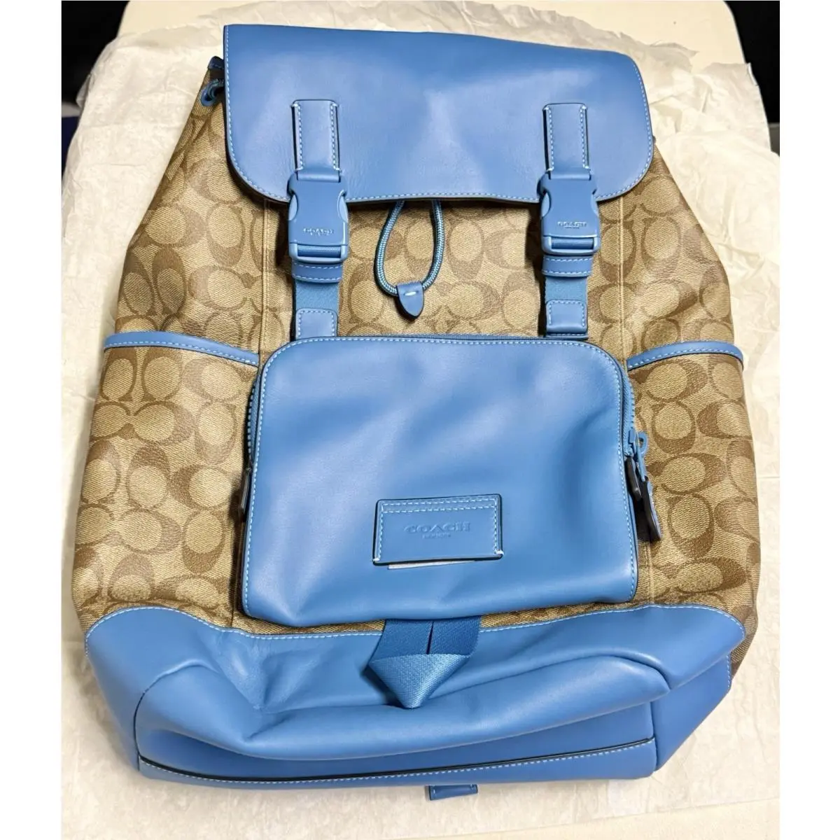 Coach Men`s Track Backpack in Color Block Signature Canvas Khaki Blue