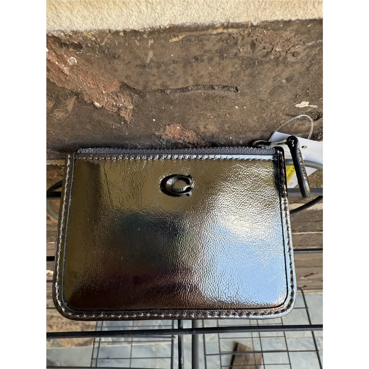 Coach Skinny ID Case Card Wallet Key Fob Anthracite Metallic Silver Lthr