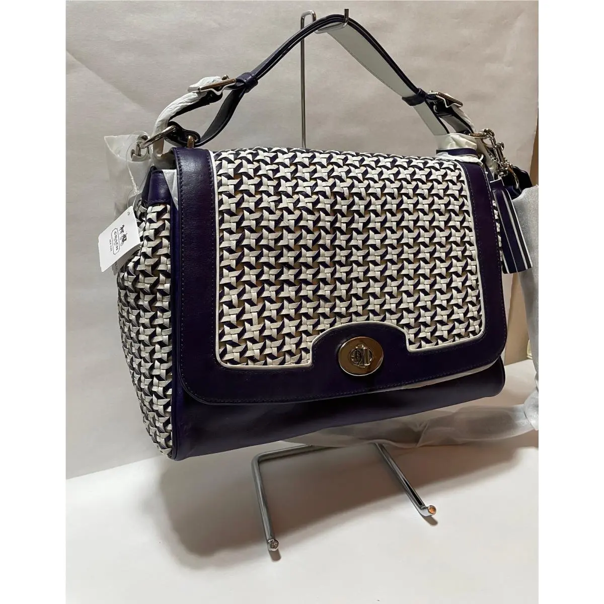 Coach Rare Legacy Cane Woven Leather Romy Top Handle Bag Marine/chalk 23411