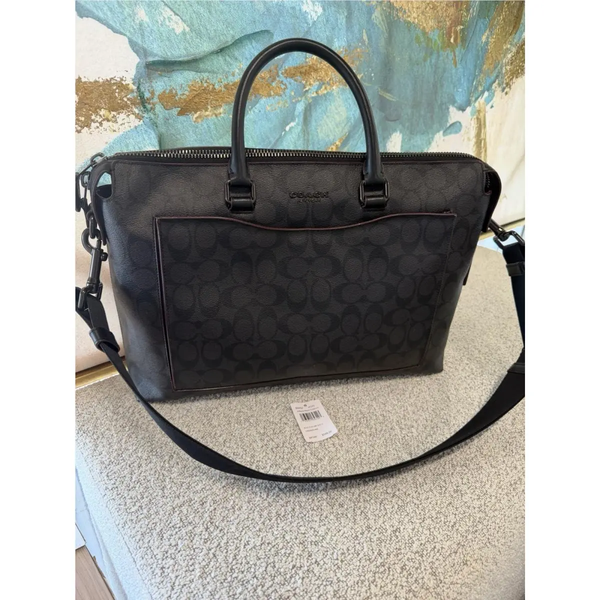 Coach 89952 Beckett Pocket Brief Signature Canvas Black Oxblood Laptop Bag