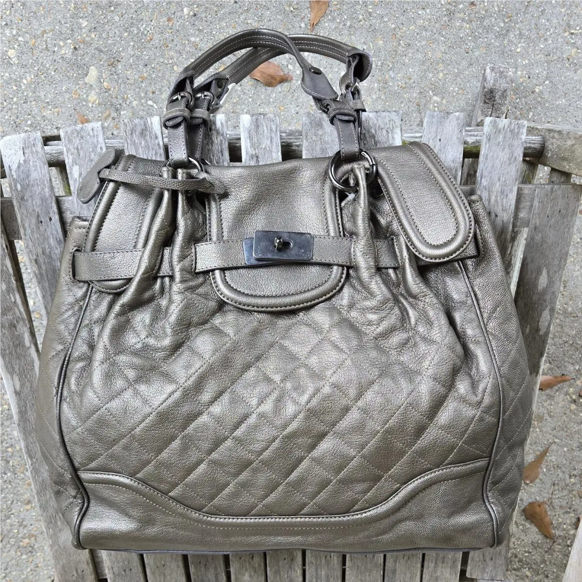 Moschino Vintage Bronze Quilted Leather Large Shoulder Bag Purse