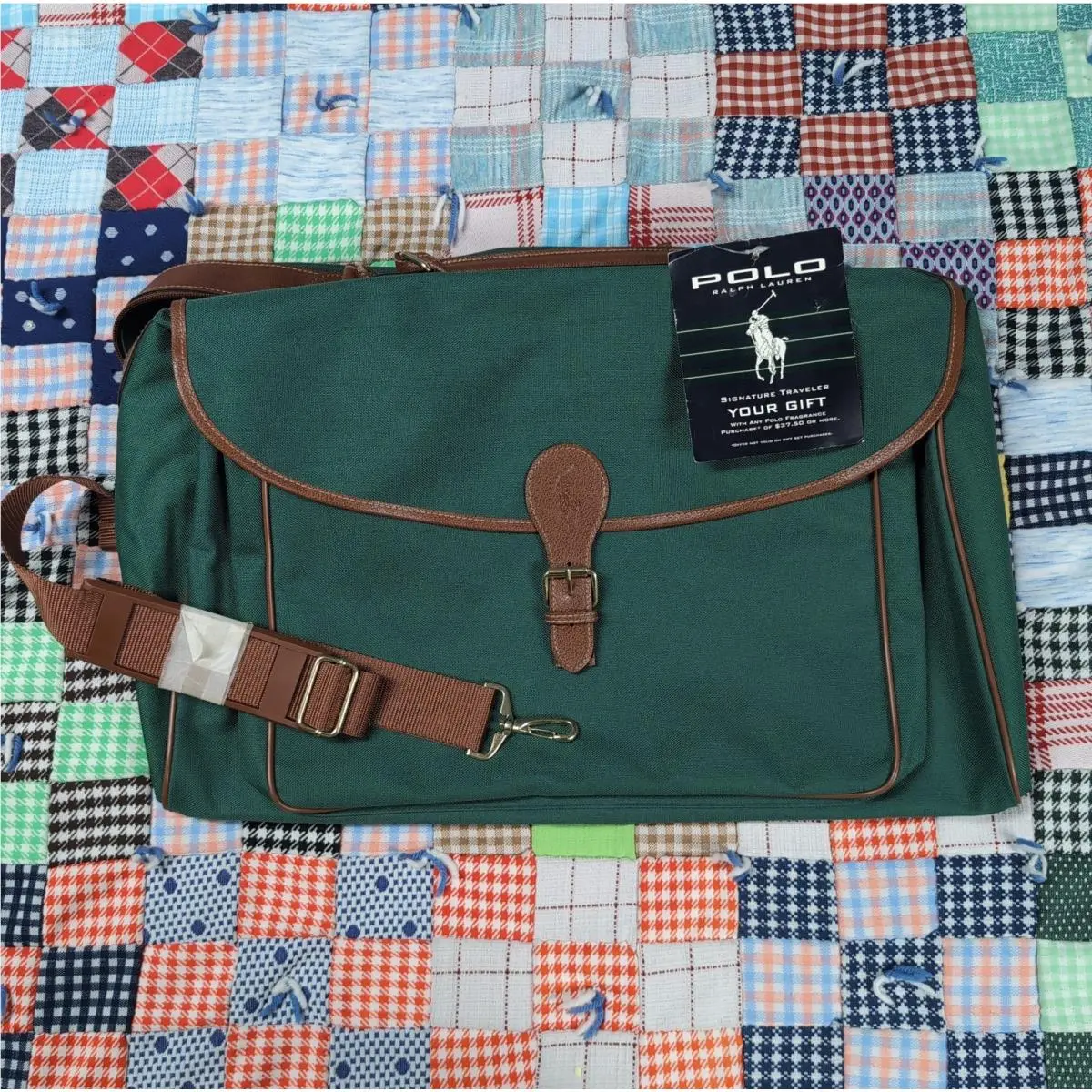 Vintage Polo Ralph Lauren Travel Bag `90S Nos Green Brown Leather Trim