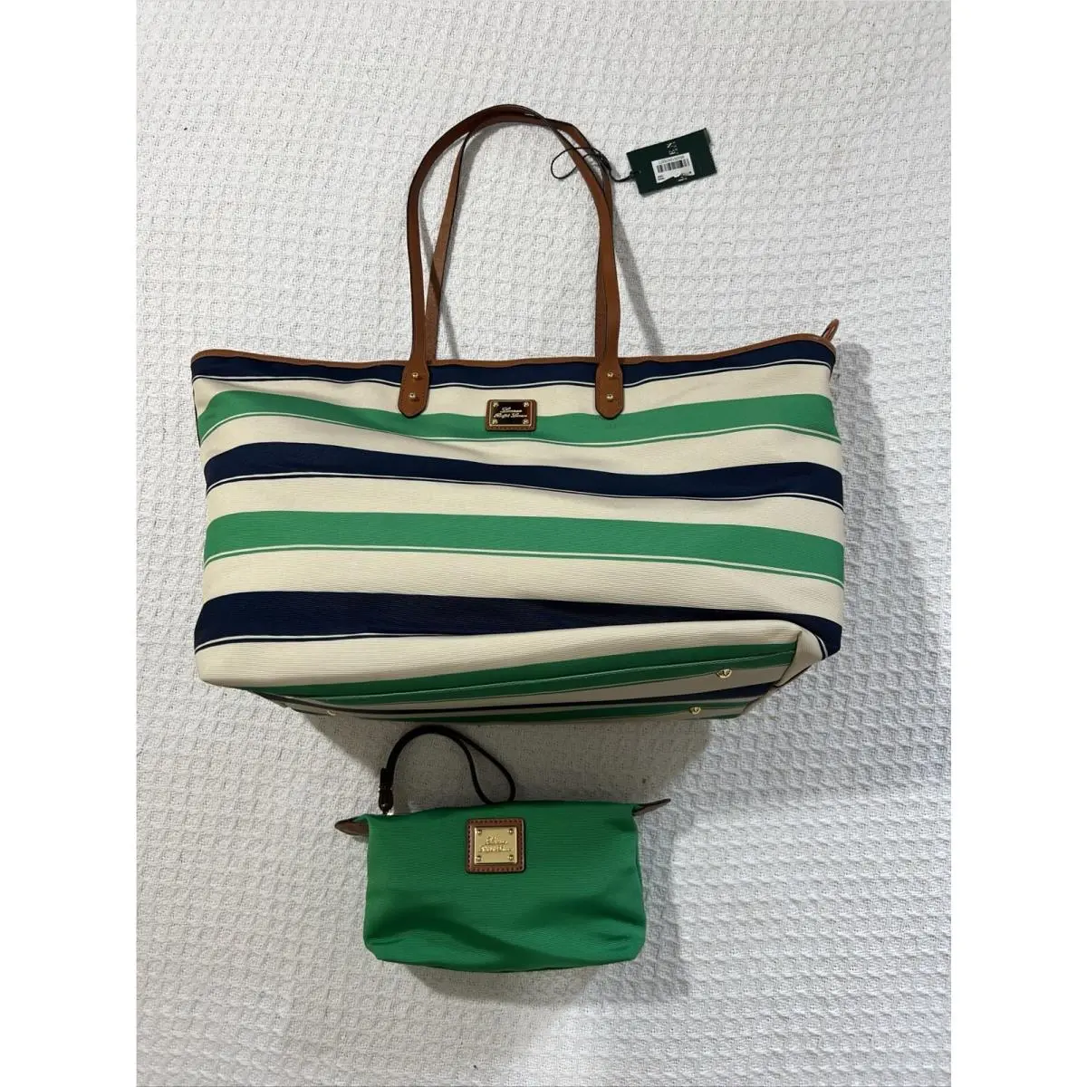 Lauren Ralph Lauren Cap D`ail Regat Tote Canvas Leather Nautical Striped W/pouch