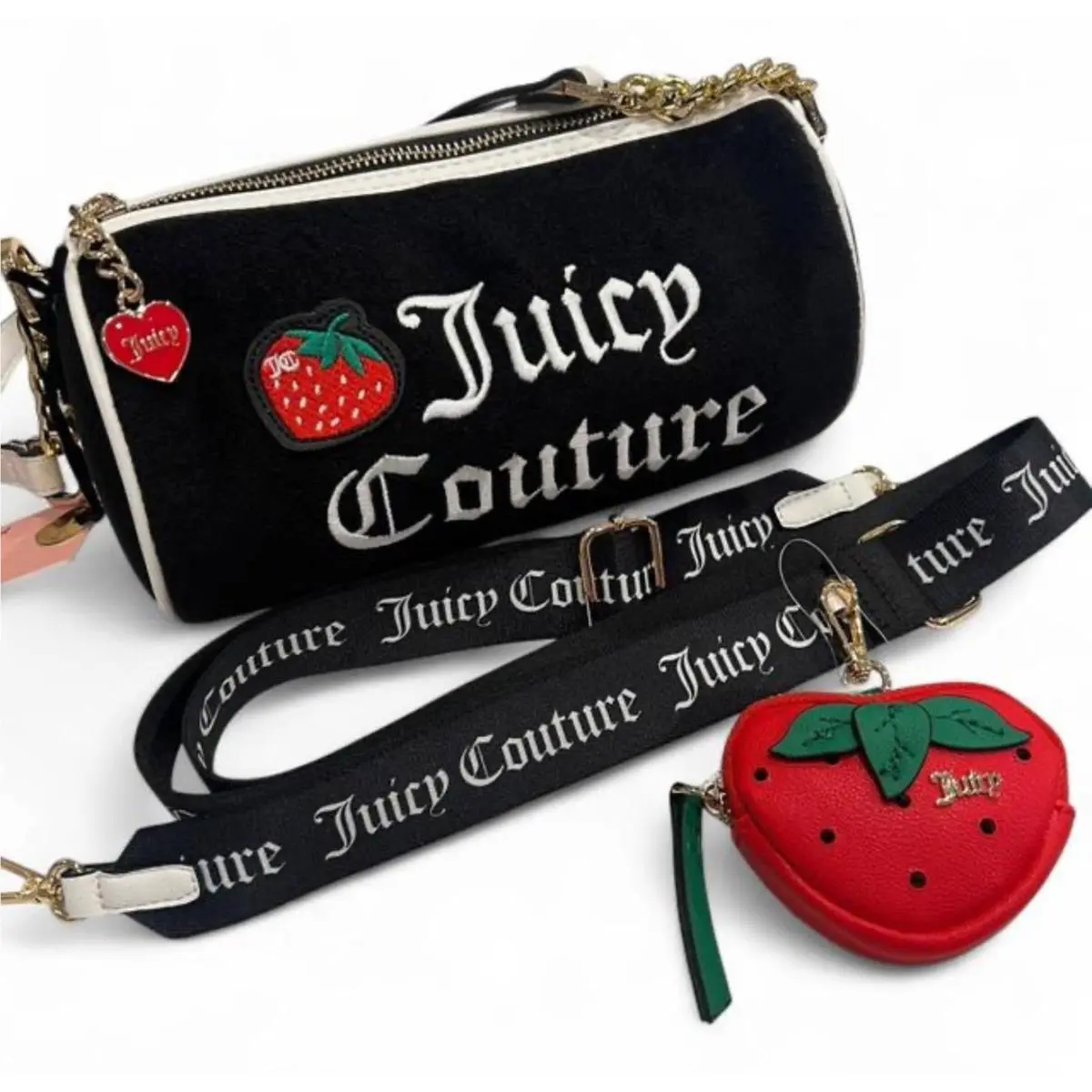 Juicy Couture Sweet N Juicy Strawberry Mini Barrel Bag Black Terry Cloth Y2K