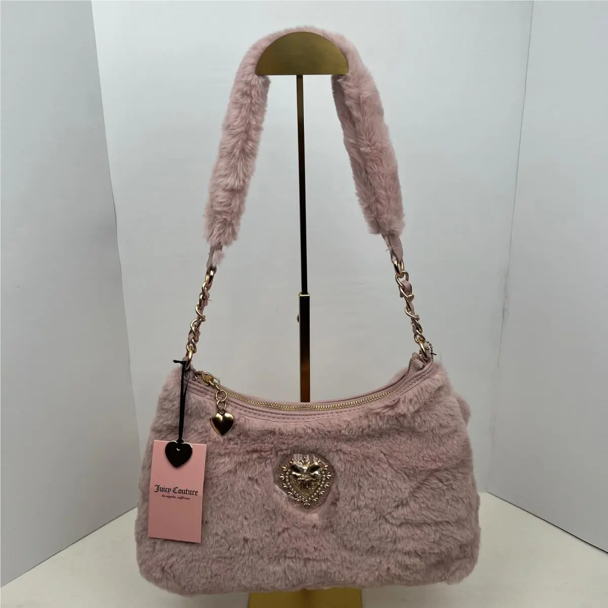 Juicy Couture Fur Heart Charm Shoulder Bag Pink Chain Strap