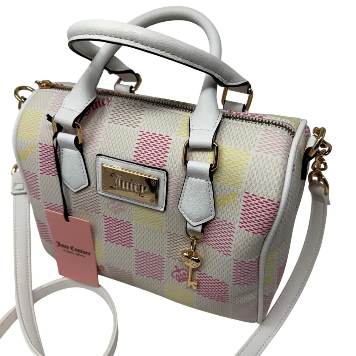 Juicy Couture Satchel Crossbody Bag Womens Small White Checkered Key Charm