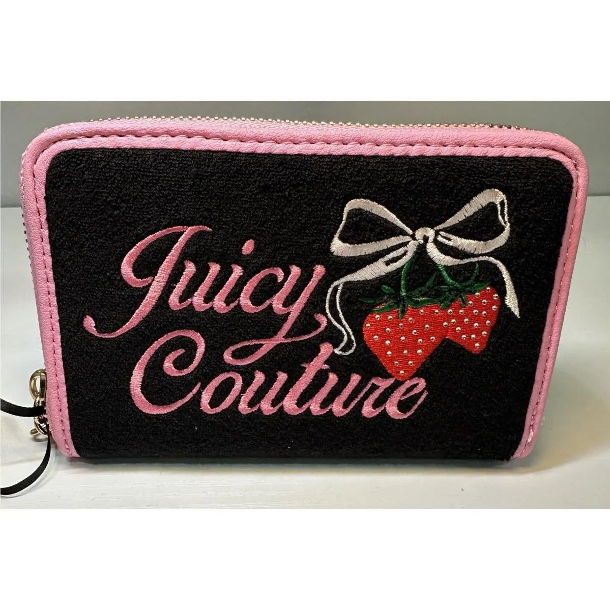 Juicy Couture Zip Around Wallet Black Pink Women`s Retro Strawberry Bifold